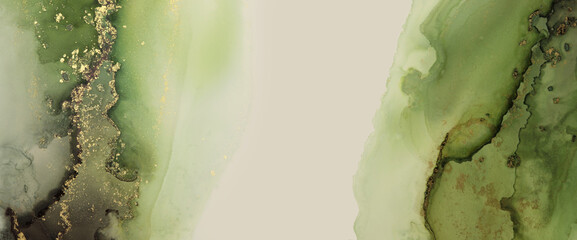 Abstract green, beige and gold glitter color horizontal background. Marble watercolor texture. Alcohol ink colors.