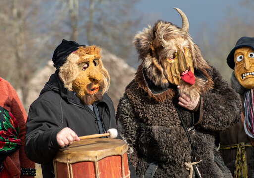 Traditional masks in Rumsiskes, Lithuania during Uzgavenes, a Lithuanian folk festival during carnival, seventh week before Easter
