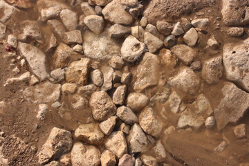 Top view of small stones in dirty water