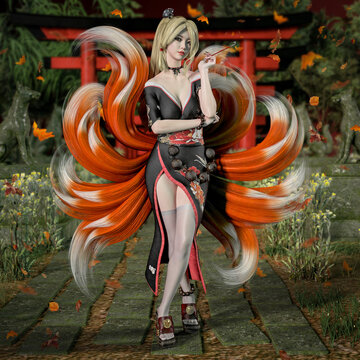 Kitsune Girl Nine-Tailed Fox Demon In Kimono Smoking Pipe Japan 3D Graphic Illustration