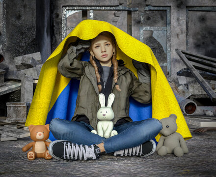 Ukrainian Girl Sitting with Flag and Toys War Destroyed Buildings 3D Graphic Illustration