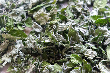 Natural dried mint on the garden beds