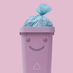Cute smiling waste bin with garbage bag