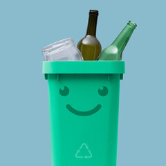 Smiling garbage can full of glass waste