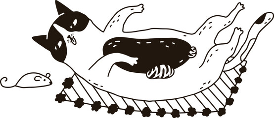 Cute Playful Cat Contour Monochrome Illustration