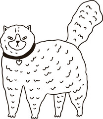 Funny Fluffy Cat Contour Monochrome Illustration