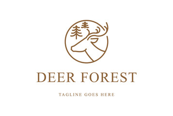 Simple Minimalist Deer Head with Pine Evergreen Conifer Cedar Fir Larch Tree Forest for Outdoor Adventure Logo Design Vector