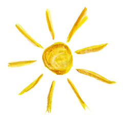 Hand-drawn watercolor yellow sun, isolated. Childish raster doodle heavenly body