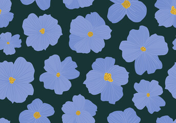 Blooming flowers seamless repeat pattern. Random placed, vector botanical all over surface print on dark green background.