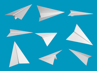 Handmade paper plane set in flat style isolated on background. Origami plane collection.