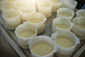 Itll cool into cheese. High angle shot of buckets of dairy produce ready to be turned into cheese in a factory on the farm.