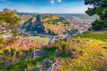 Fototapeta na wymiar Adorable summer cityscape of Berat town, located on the Osum River. Captivating morning scene of Albania, Europe. Traveling concept background.
