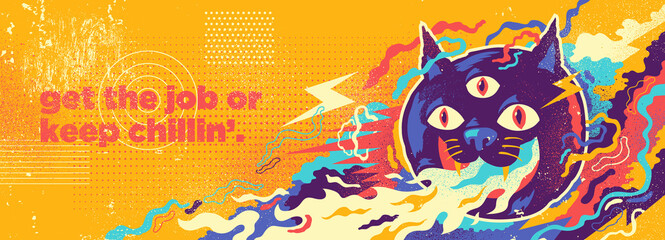 Abstract illustration in graffiti style with comic cat and colorful splashing shapes. Vector illustration.