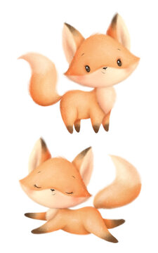 Illustration of a cute cartoon little fox. Cute animals.