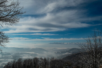the snow-covered monviso mountain range in the Piedmontese Langhe near Alba, in January 2022