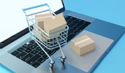 Realistic laptop and boxes in shopping cart isolated on blue background. Online shopping business concept. 3d rendering. © LAYHONG