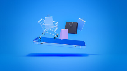 Online shopping via smartphone application, shopping cart and shopping bag on the mobile phone isolated on blue background. Online shopping, e-commerce concept. 3D rendering.