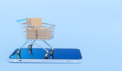 Carton boxes in shopping cart  on the smartphone isolated on blue background. E-commerce online shopping concept. 3D render. © LAYHONG