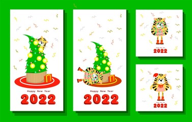 Tiger. set of templates for postcards. Congratulatory poster year of the tiger.Vector illustration. 2022.