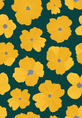 Isolated florals seamless repeat pattern. Random placed, vector flower heads all over surface print on dark green background.