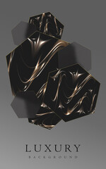 Luxury abstract background with golden foil on dark, modern black backdrop concept 3d style. Gold, glass, black colors brochure, flyer, invitation template. Geometric shape hexagon. Vector.
