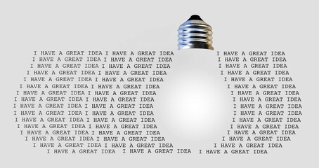 Text is arranged in the shape of a lightbulb, the icon of having an idea, in this 3-d illustration.