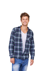 Fototapeta premium The open shirt and white t-shirt look. Portrait of a happy young man dressed casually.