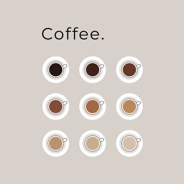 Types of coffee vector illustration. Menu flat style. Coffee guide, set hot drinks different method of preparation. Coffee cups top view. Flat white, latte, cappucino, americano