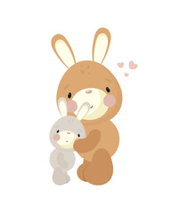 Cute Rabbit with baby. Cartoon style. Vector illustration. For kids stuff, card, posters, banners, children books, printing on the pack, printing on clothes, fabric, wallpaper, textile or dishes.