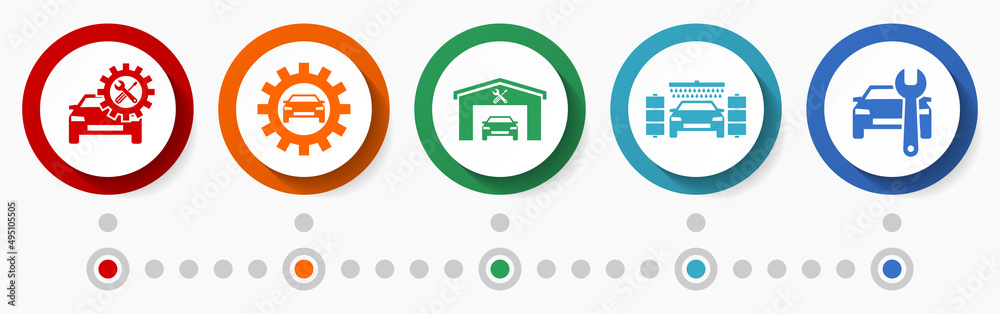 Poster car serivce and auto wash vector icon set, workshop flat design web buttons, infographic template