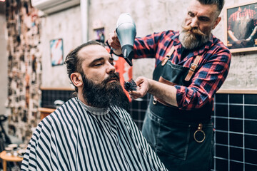 The barber trims the beard of the customer in his barber shop. Trendy and stylish beard styling and...
