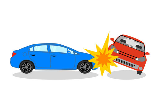 Accident between two cars. A blue car crash a red car. Unsafe car driven on the road.