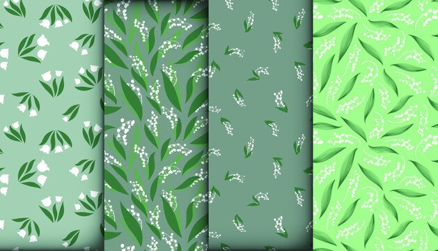 Spring Pattern Set. Seamless Lily of the Valley Bunch. Botanical Convallaria Majalis Textile Print. Blossom Spring Pattern. Romantic Leaf Decoration. Flower Wallpaper. Summer Spring Pattern. 