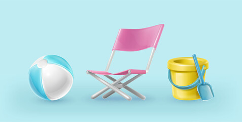 3d realistic vector icons. Summer set of chair, sand yellow plastic bucket with  spade.