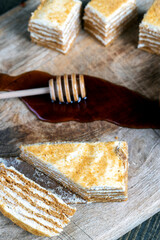 cake made of thin honey cakes and a thin creamy layer