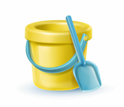 Vetor cartoon icon. Sand yellow plastic bucket with  spade.
