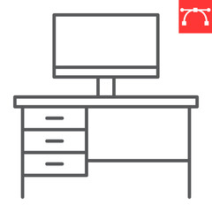 Desk computer line icon, furniture and interior, workplace vector icon, vector graphics, editable stroke outline sign, eps 10.