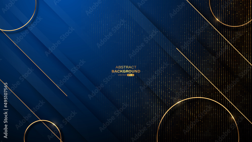 Poster abstract circular gold lines with golden glittering dots on blue gradient background. vector illustr