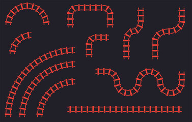 Train track set. Curved railroad isolated on background. Transportation and railway concept. DIY set of railway tracks in different shapes.