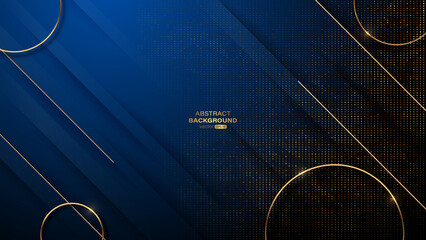 Abstract circular gold lines with golden glittering dots on blue gradient background. Vector illustration