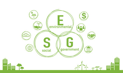 ESG banner web icon for business and organization, Environment, Social, Governance in the sky with green city.