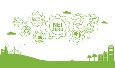 Net zero and carbon neutral concept. Net zero greenhouse gas emissions target. Climate neutral long term strategy with green net zero icon and green icon on green background. - obrazy, fototapety, plakaty