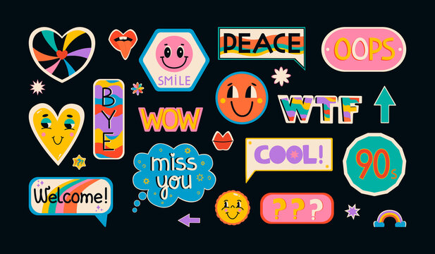 Vintage Illustration Pop Color Style Flat Design 90s Sticker. Cool trendy retro stickers with smile faces, cartoon comic label patches.