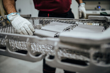 Airplane engine factory. A process before painting parts for airplane engines. Industrial concept.