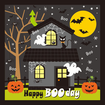 halloween background with haunted house, ghost and pumpkin