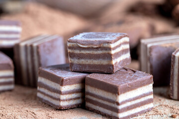 multi-layered sweets made of cream and chocolate layers