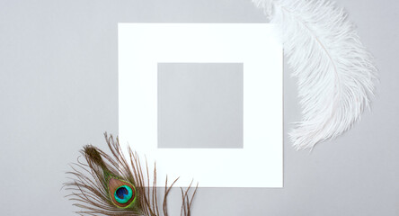 White photo frame and two feathers on a grey background. Copy space, flat lay. 