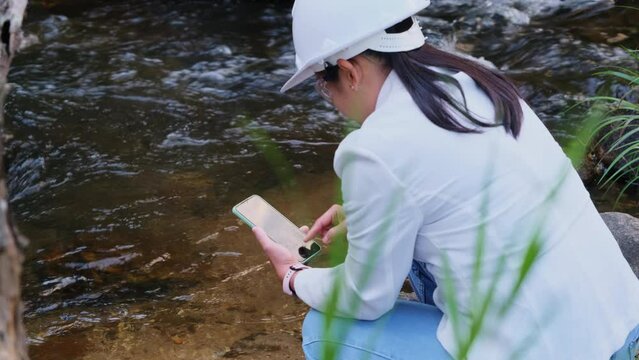 Environmental engineers inspect water quality at natural water sources and record data on smartphones. Woman scientist and environmental issues. World environment day concept.