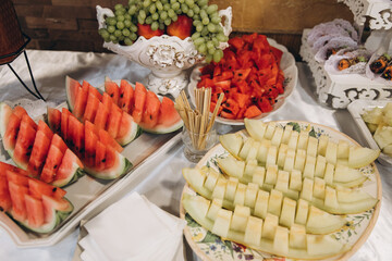 Wedding buffet. Desserts and fruits.
