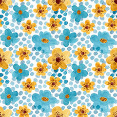 Seamless pattern with simple yellow and blue flowers, small polka dots. Abstract, watercolor background. 